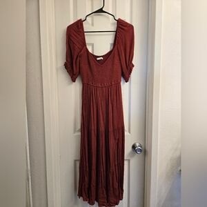 Abercrombie & Fitch Rust Red Maxi Dress with Smocked Bodice